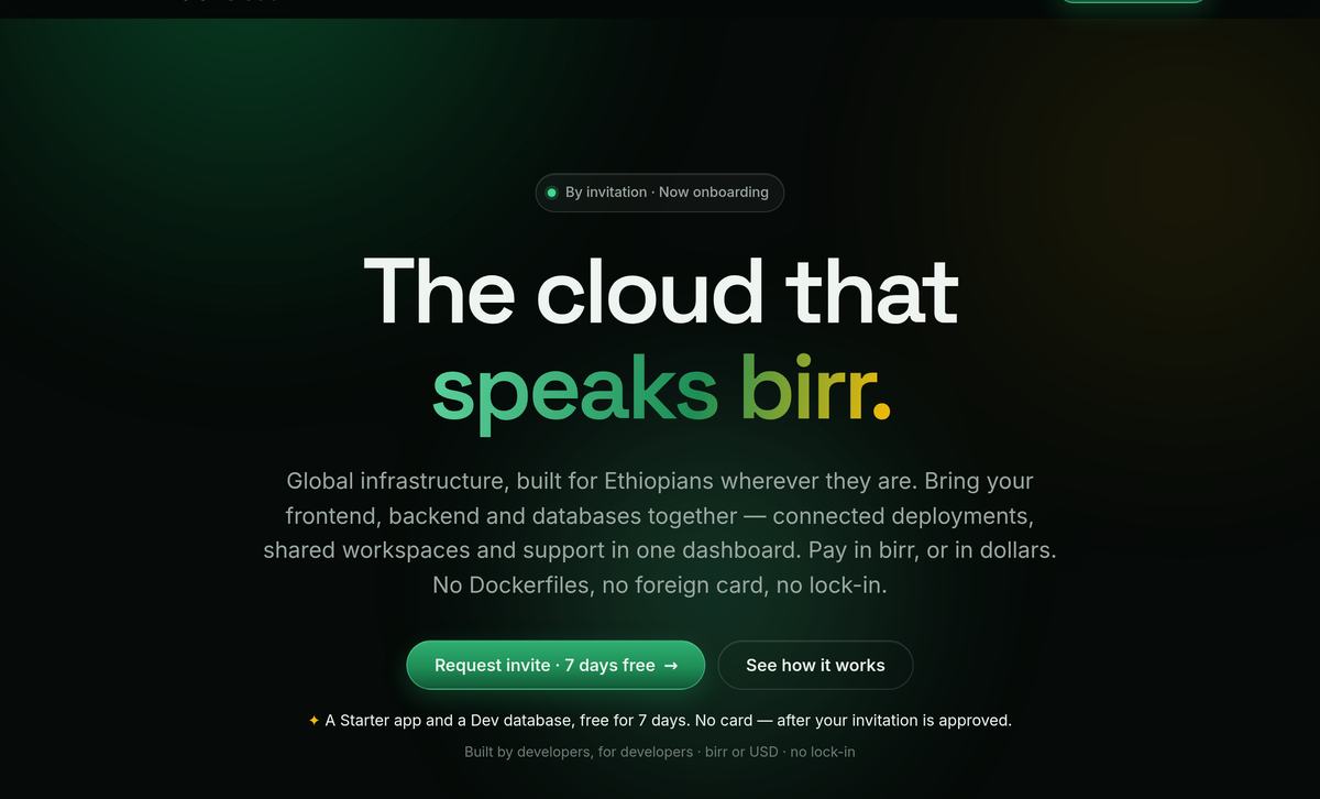 The TalariCloud homepage, showing deployment in birr or USD